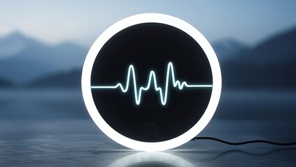 Serene Minimalist Heartbeat Neon Sign:  Modern Technology, Calming Blue Hue, Reflective Water Surface.