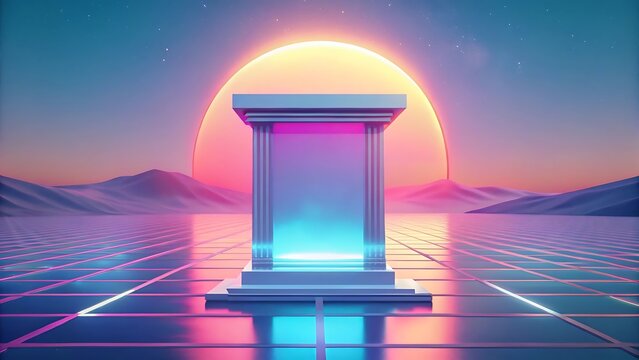 Retro Futuristic Portal: Neon Lit Grecian Column Display in Synthwave Desert Landscape