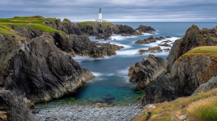 White lighthouse on a rugged coastline with dramatic waves crashing against rocky shores under a moody, cloudy sky with soft ocean mist and green grass.
