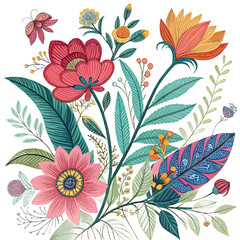 Vibrant Hand-Drawn Botanical Illustration PNG – Colorful Nature-Inspired Floral Elements on Transparent Background