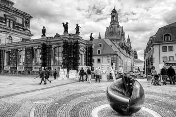 Dresden, Germany - July 15, 2016: Urban scene of Earth and Planets sculpture commemorating Dresden Bastions heritage from roadside view