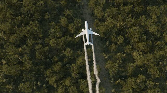 airplane with contrails flying over forest in the evening sunlight