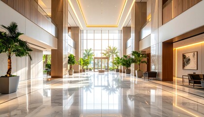 Grand modern hotel lobby, bathed in natural light