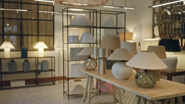 Elegant lamp shop interior featuring diverse lamp designs on wooden tables creating a warm, inviting atmosphere in a stylish modern store setting.