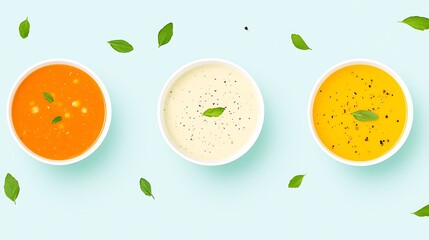 Three bowls of colorful dips and sauces with fresh basil leaves