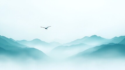 Serene misty mountains with a lone bird in flight