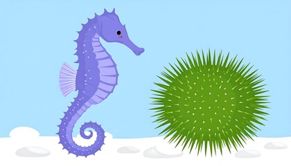 Fototapeta premium Cartoon seahorse and sea urchin on snowy seabed