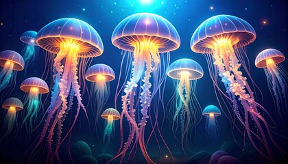 Bioluminescent jellyfish in a deep ocean