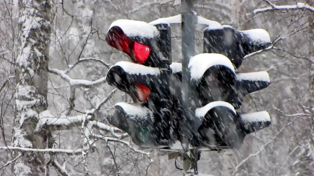 Traffic light semaphore transitions from green to red on snow season , maintaining order and safety on city streets. pedestrian light countdown for crosswalk. - Powered by Adobe