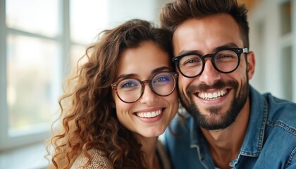 Happy young couple smiles brightly wearing glasses. Positive connection shown through shared joy, affection. They sport casual attire with fashionable eyewear, embodying modern style, contentment.