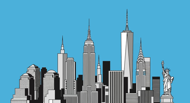 New York City skyline with iconic skyscrapers and Statue of Liberty on a blue sky background.