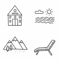 Hotel building, sun, waves, mountains, and lounge chair illustrations  