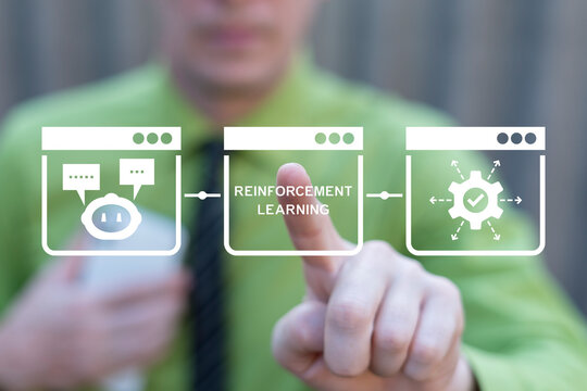 Business person using virtual touch screen presses inscription: REINFORCEMENT LEARNING. Reinforcement Learning LLM Artificial Intelligence Agent Dynamic Environment Technology concept.