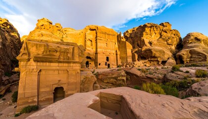 Ancient sandstone structures bathed in golden light