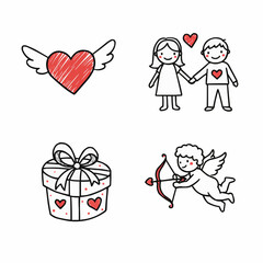 Whimsical love illustrations featuring hearts, couple, and cupid  