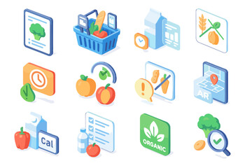 Fototapeta premium Vector map icon organic calorie match grocery facts store dietary ar food