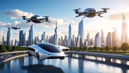 Futuristic city with flying vehicles