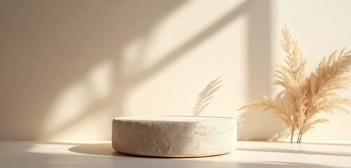 Beige rock podium for product display with fuzzy background, natural light. Shadows, dried leaves, soft aesthetic enhance presentation. Simple, minimalist platform for beauty, fashion, decor items.