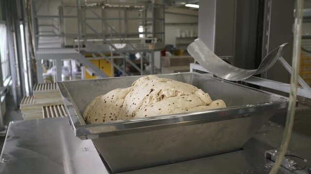 Industrial bread production featuring raisins cascading into metal container during automated dough mixing process in commercial bakery setting