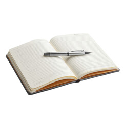 open notebook with blank pages and silver pen resting on it, perfect for writing notes or ideas. clean design invites creativity and organization