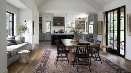 Fototapeta premium Modern and Bright Dining Area with Natural Light, Rustic Wood Table, Black Chairs, and Contemporary Design Elements in an Open-Concept Home