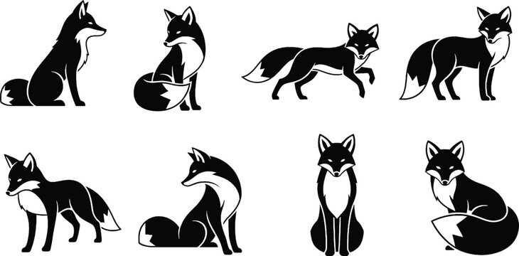 Collection of stylized fox illustrations in black and white, showcasing various poses and expressions.