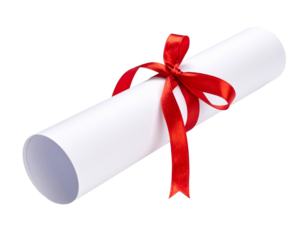 Rolled diploma scroll with red ribbon, white background