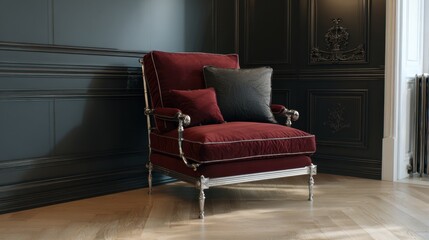 Elegant vintage armchair with plush red upholstery and decorative silver frame, set against a dark wall in an upscale interior design space with wooden flooring.