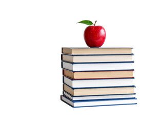 Stack of textbooks with apple on top, white background