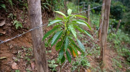 Young Coffee Plant Growing Along Barbed Wire Fence in Lush Green Landscape, Symbolizing Agriculture and Nature Conservation Efforts in Rural Areas