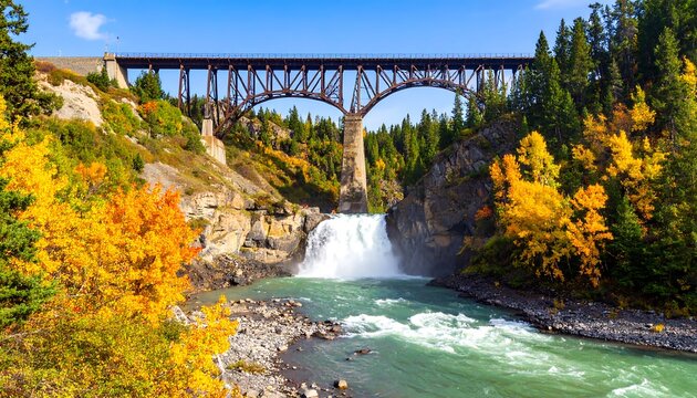 Autumnal waterfall and bridge - Powered by Adobe