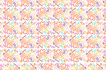 Colorful geometric shapes and doodle-style elements. Colourful line shapes background. Seamless pattern of doodle geometric shapes. Fun doodle sketch style. Colorful line doodle seamless pattern.