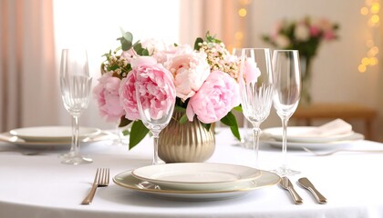 Elegant table setting with pink peonies