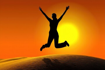 Fototapeta premium Silhouette of person jumping with joy against a vibrant desert sunset.