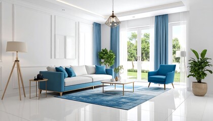 Modern living room with blue accents