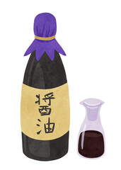 一升瓶の醤油と醤油差し　紫の包装紙　水彩風手描きイラスト