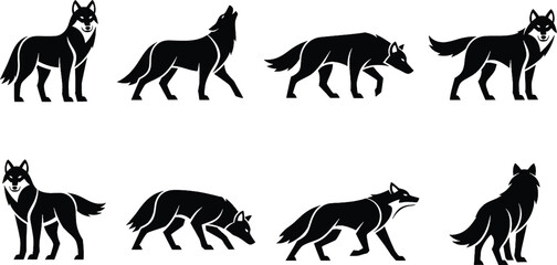 Obraz premium Collection of stylized black wolf silhouettes in various poses, including standing, howling, walking, and sniffing.