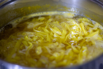 Creamy mushroom and fish Mediterranean Italian Tagliatelle Pasta close up	