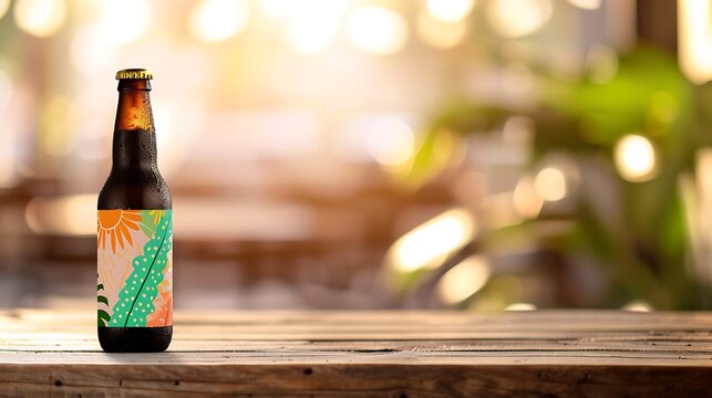 Craft beer bottle on wooden table with bokeh background