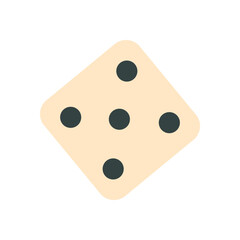 Flat dice cube with five black dots. Geometric die for table games and boardgame fun. Playful piece and toy, simple concept, graphic style, ideal for leisure entertainment activities.