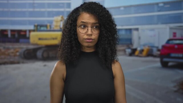 Young hispanic woman points finger at yellow excavator by under construction building; dismissal authority.