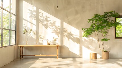 Sunlit room with large windows and a wooden table