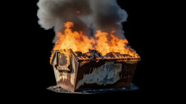 Intense dumpster fire visuals with billowing smoke and fierce flames conveying themes of chaos and