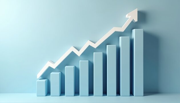 3D bar chart displays upward financial growth with white arrow. Light blue bars show progress and profit. Data visualization represents market success, business finance, and stock market increase.