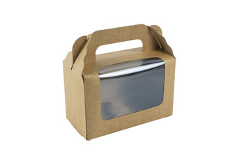 A cardboard cake box with a window on a white background