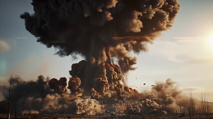 Commemoration of the War on Nuclear Testing Massive Nuclear Explosion Mushroom Cloud Forming Over Arid Landscape with Intense Sunlight and Debris