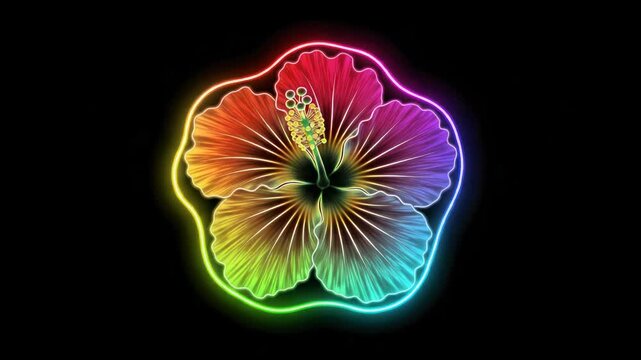Vibrant hibiscus flowers glowing with neon outlines against a black backdrop enhancing vivid