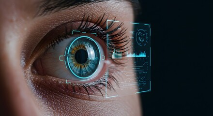 Close up of a human eye with digital interface overlay and dark background for visual technology