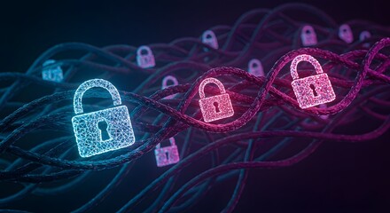 Network security concept with glowing locks on interconnected strands representing data protection