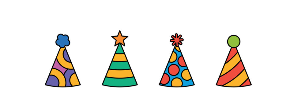 birthday cone set, party hats in bright colors with black outline, vector decorative elements